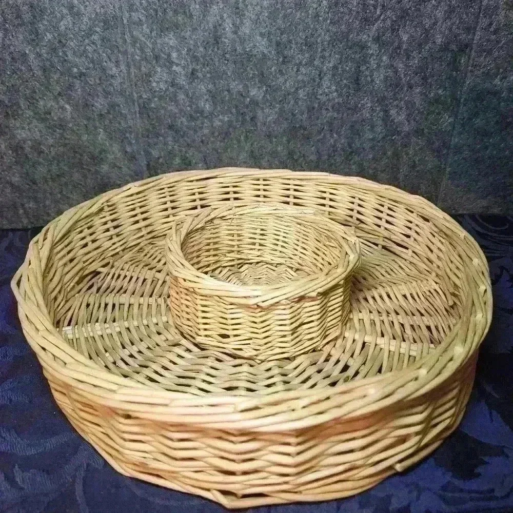 LARGE WICKER DIPPING BOWL BASKET, Natural Round Woven Chip Dip Basket Tray 12